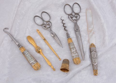 A mother of pearl and gilt metal continental dressing table set