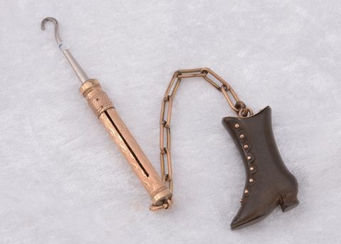 A Victorian vulcanite and gold plated lapel novelty button hook