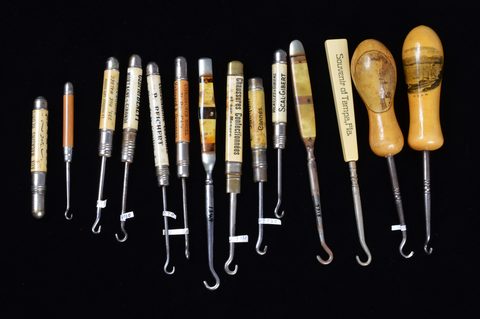 Plastic and treen handled advertising button hooks