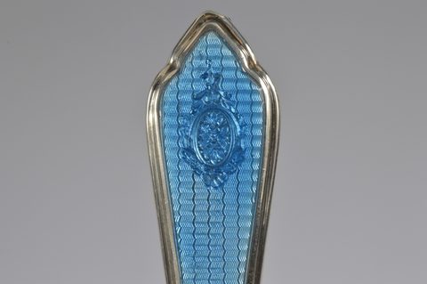 Six blue guilloche enamelled handled shoehorns